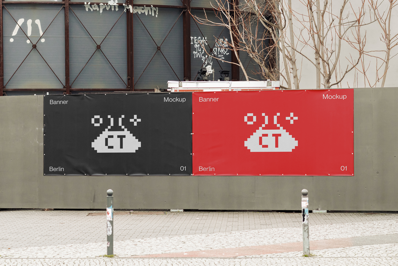 Urban billboard mockups featuring pixelated spaceship design, displayed in an outdoor setting for graphic design and marketing presentation.